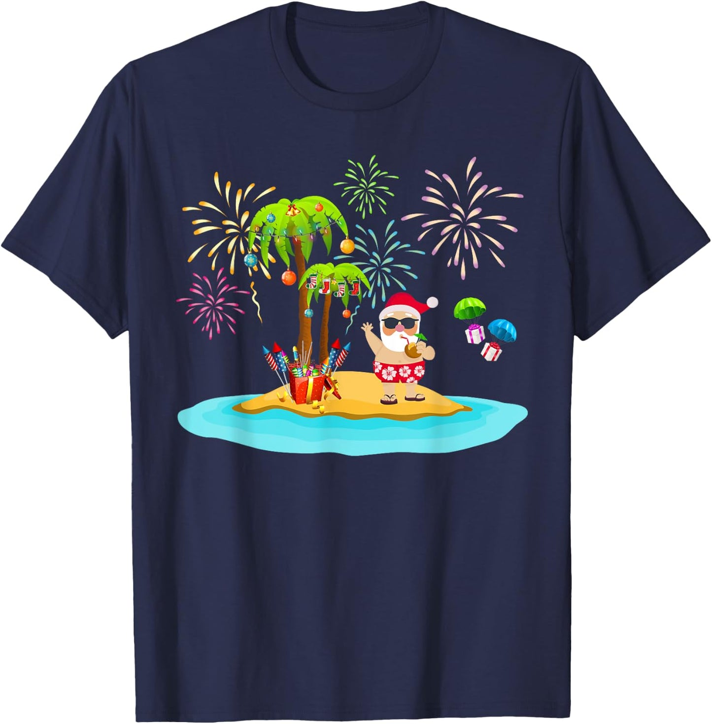 Decorated Christmas Palm Tree Tropical Xmas Coconut Lights T-Shirt - T-Shirt | Navy