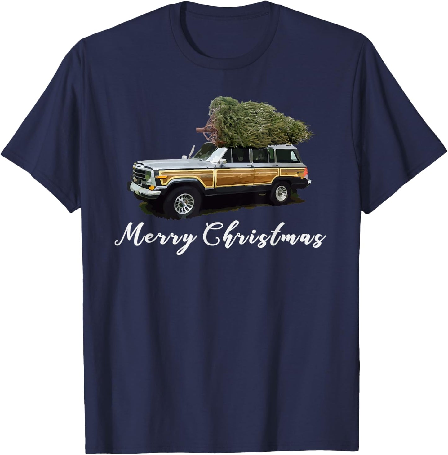 Vintage Surf Wagon SUV Merry Christmas Tree on a Truck T-Shirt - T-Shirt | Navy