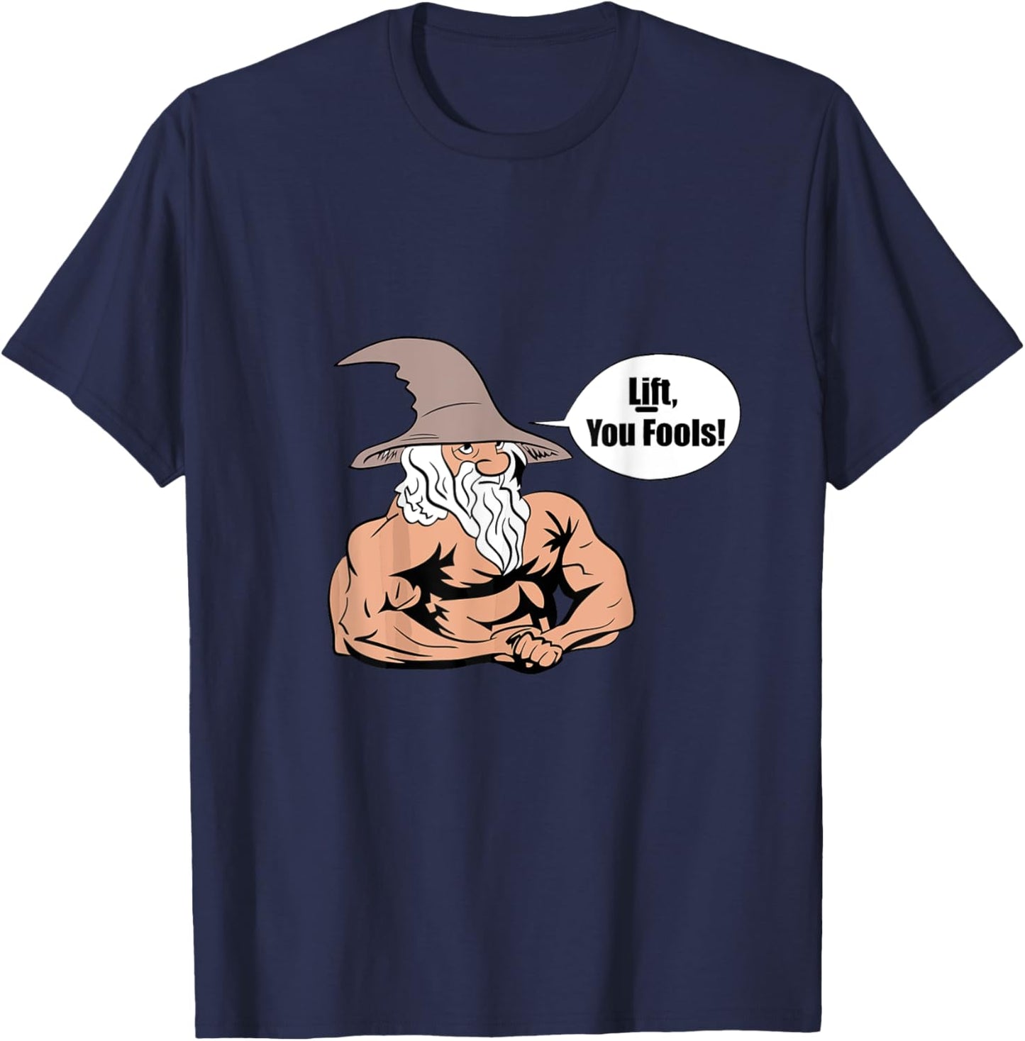 LUS41 Family Gifts Co. Men's Gym , Black, Small, Short Sleeve, Classic Fit, Cotton Blend, Unique Graphic Design, Lift You Fools Wizard Motive T-Shirt - T-Shirt | Navy