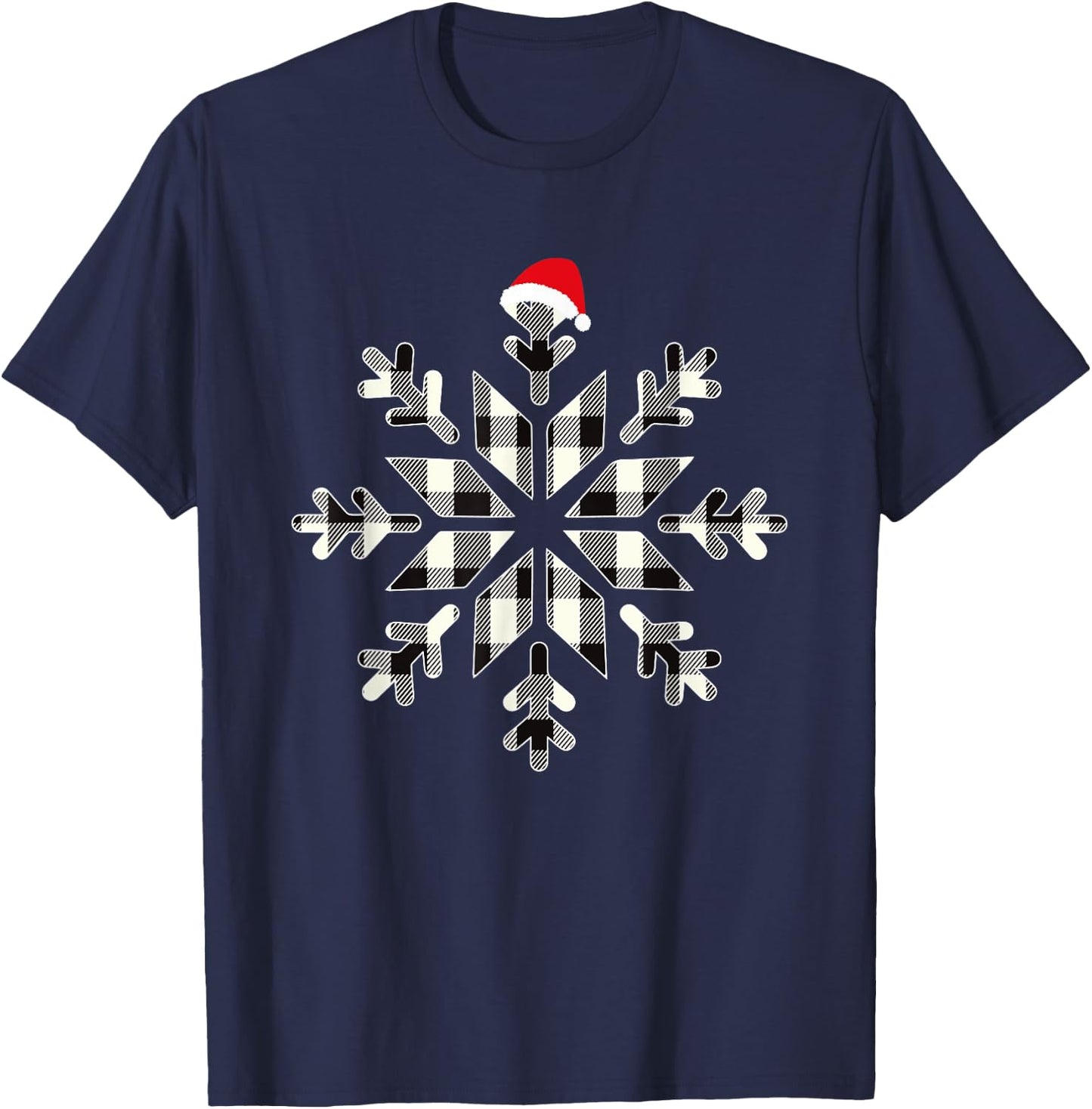 White & Black Christmas Buffalo Plaid Snowflakes Santa hat T-Shirt - T-Shirt | Navy