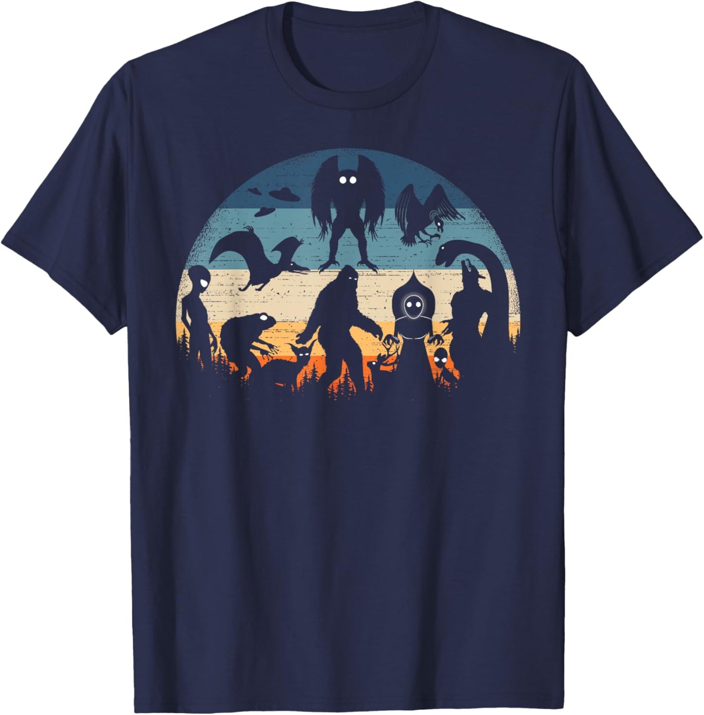Bigfoot Loch Ness Monster Mothman And Aliens Vintage Cryptid T-Shirt - T-Shirt | Navy