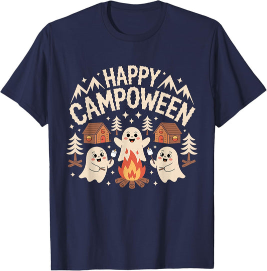 Happy Campoween Pumpkin Ghosts Camping Halloween Campfires T-Shirt - T-Shirt | Navy