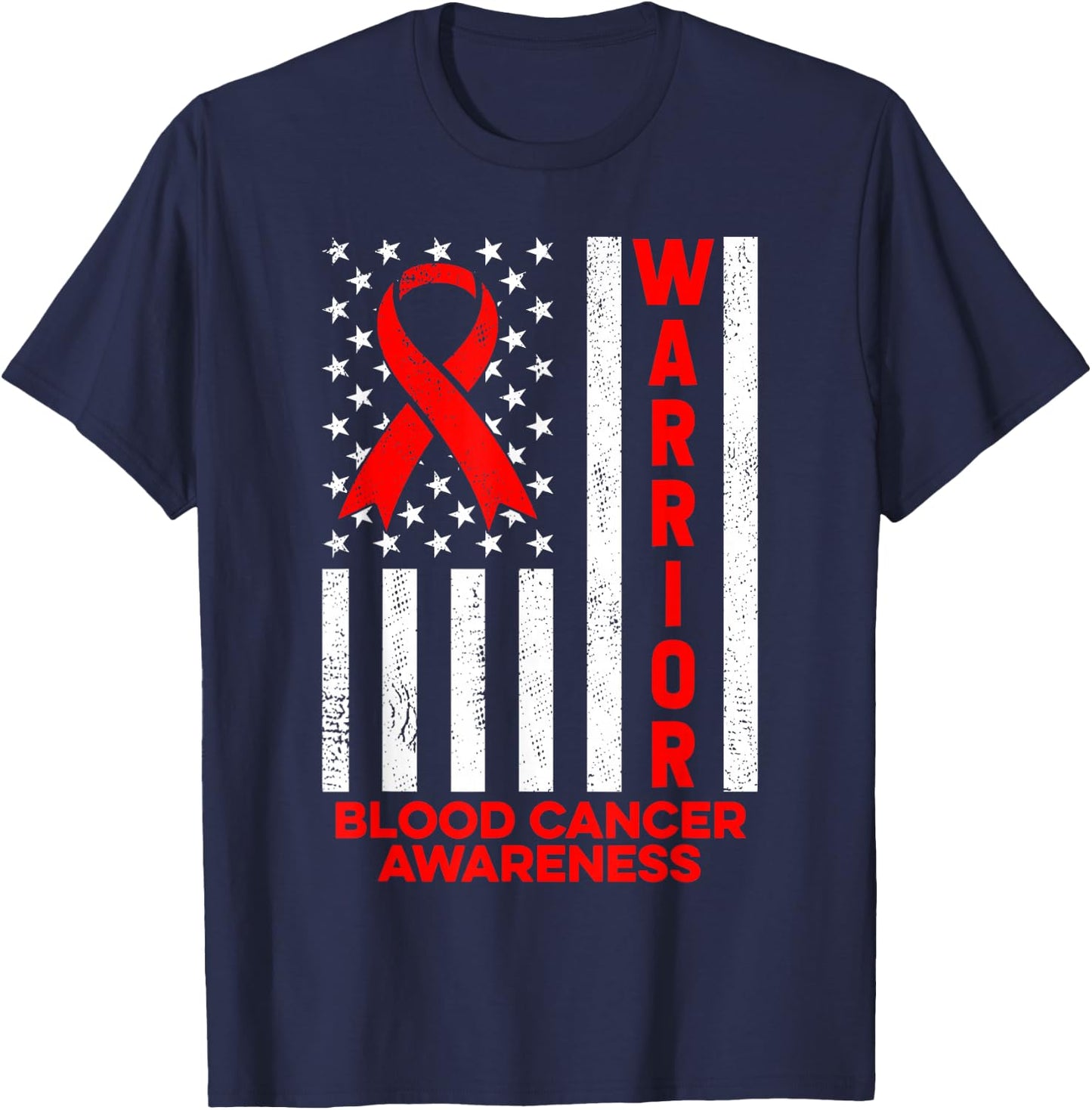 Blood Cancer Awareness Warrior American Flag Red Ribbon T-Shirt - T-Shirt | Navy