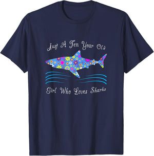 Cute Shark 10th Birthday Design For 10 Year Old Girls T-Shirt - T-Shirt | Navy