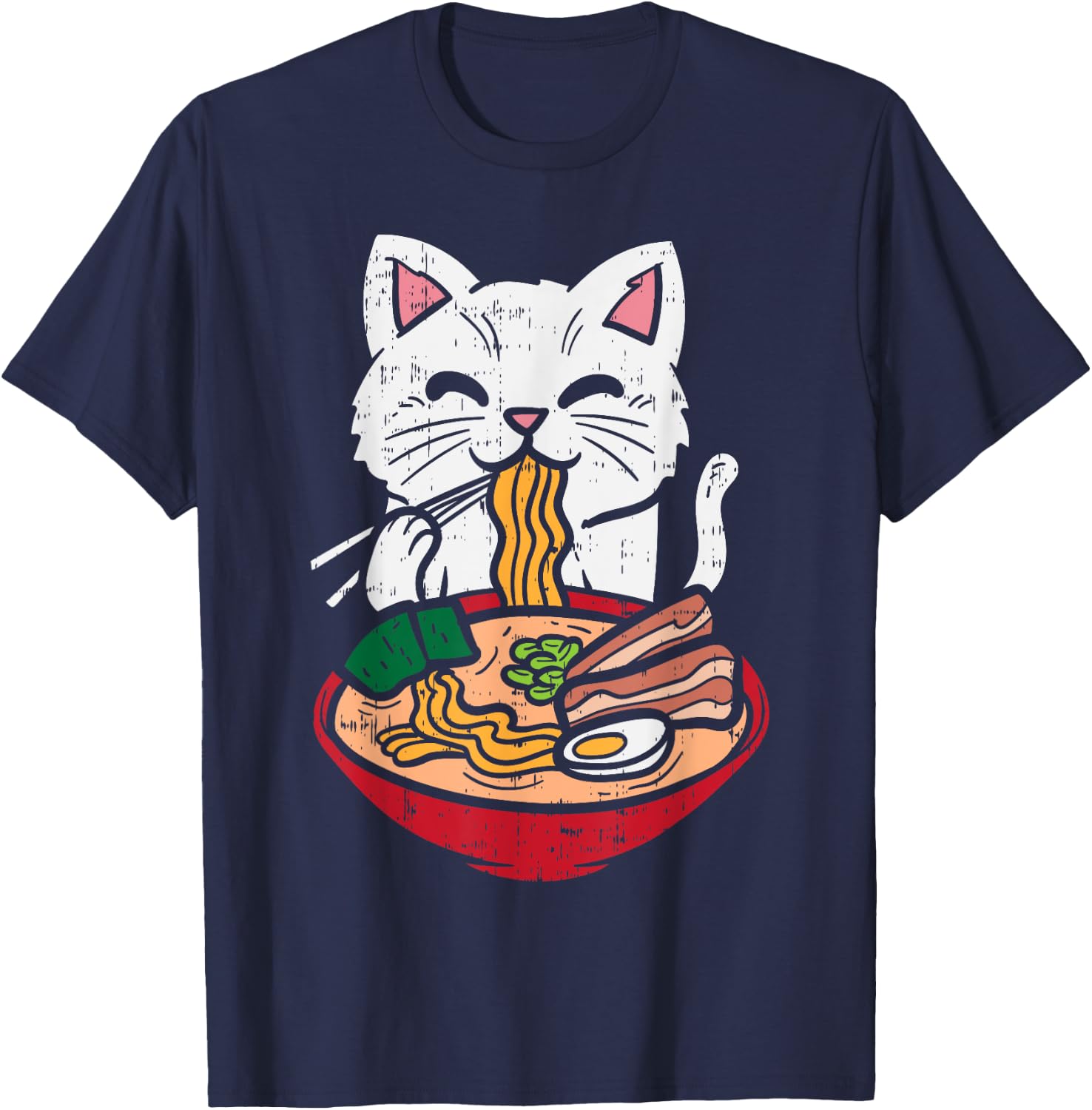 Cat Eating Ramen Kawaii Japanese Noodles Anime Foodie Gift T-Shirt - T-Shirt | Navy