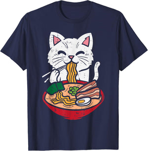 Cat Eating Ramen Kawaii Japanese Noodles Anime Foodie Gift T-Shirt - T-Shirt | Navy