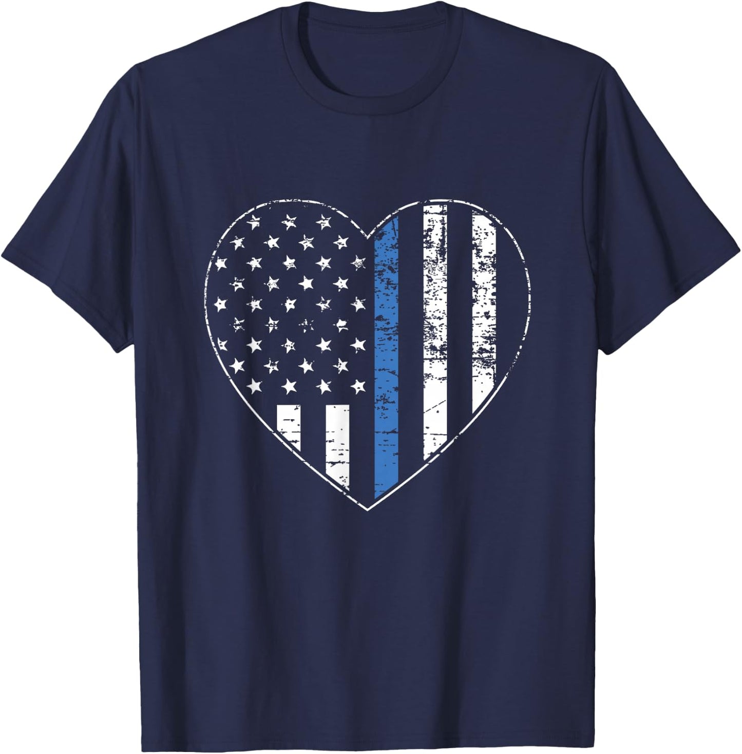 Thin Blue Line American Flag Heart Police Officer Support T-Shirt - T-Shirt | Navy