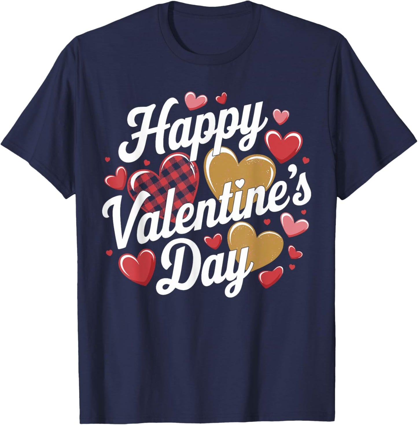 Happy Valentines Day Leopard Plaid Hearts Love Boys Girls T-Shirt - T-Shirt | Navy
