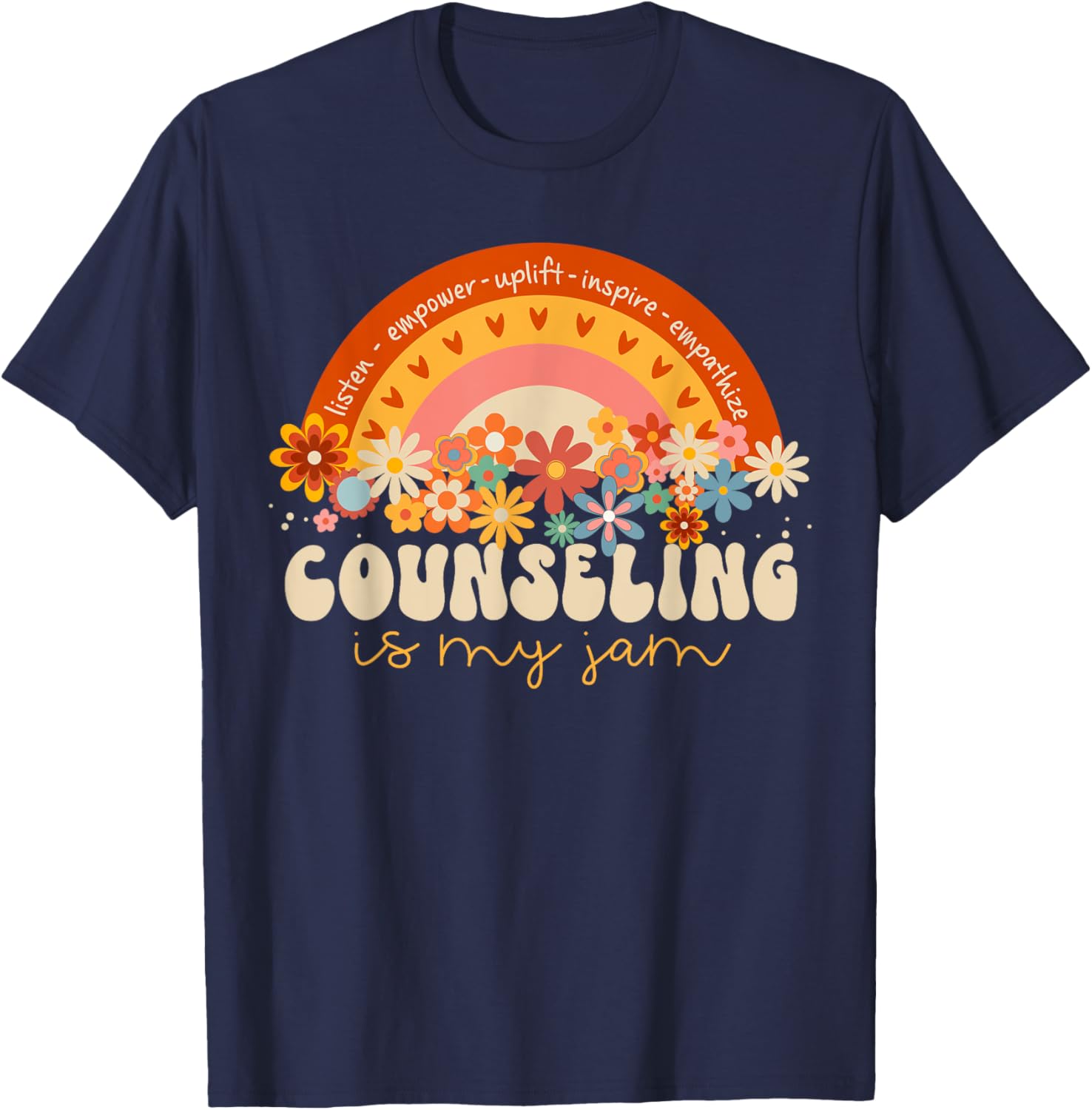 Groovy Rainbow Counseling Is My Jam Back to School Counselor T-Shirt - T-Shirt | Navy