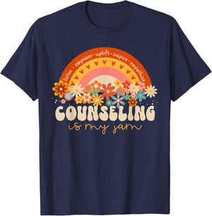 Groovy Rainbow Counseling Is My Jam Back to School Counselor T-Shirt - T-Shirt | Navy