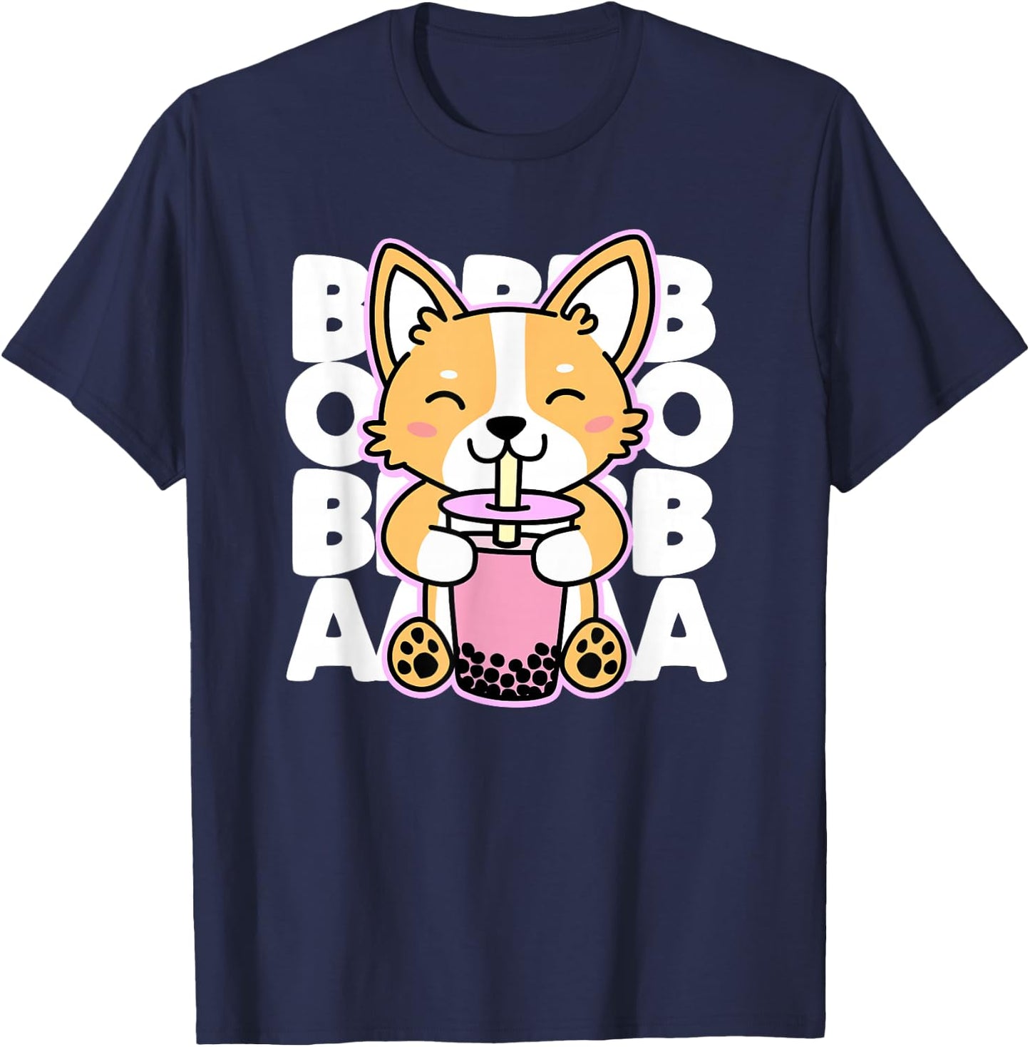 Kawaii Boba Cute Anime Dog Corgi Bubble Tea Drink Dark T-Shirt - T-Shirt | Navy