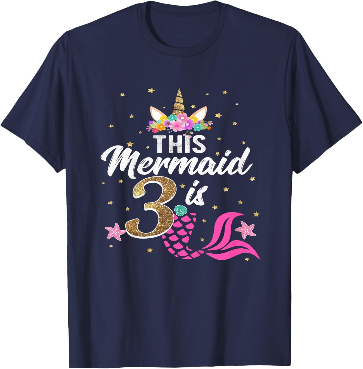 3rd Birthday Girl Unicorn Shirt Mermaid Tail 3 Years Old T-Shirt - T-Shirt | Navy