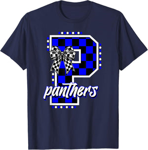 Panthers Checkered Print Blue Panther Pride School Spirit T-Shirt - T-Shirt | Navy