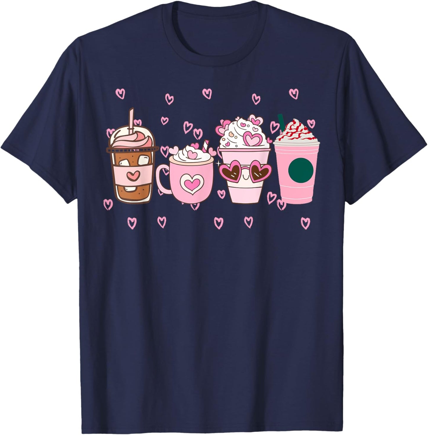 Valentine Coffee, Pink Coffee, Valentine's day, Pink Hearts T-Shirt - T-Shirt | Navy
