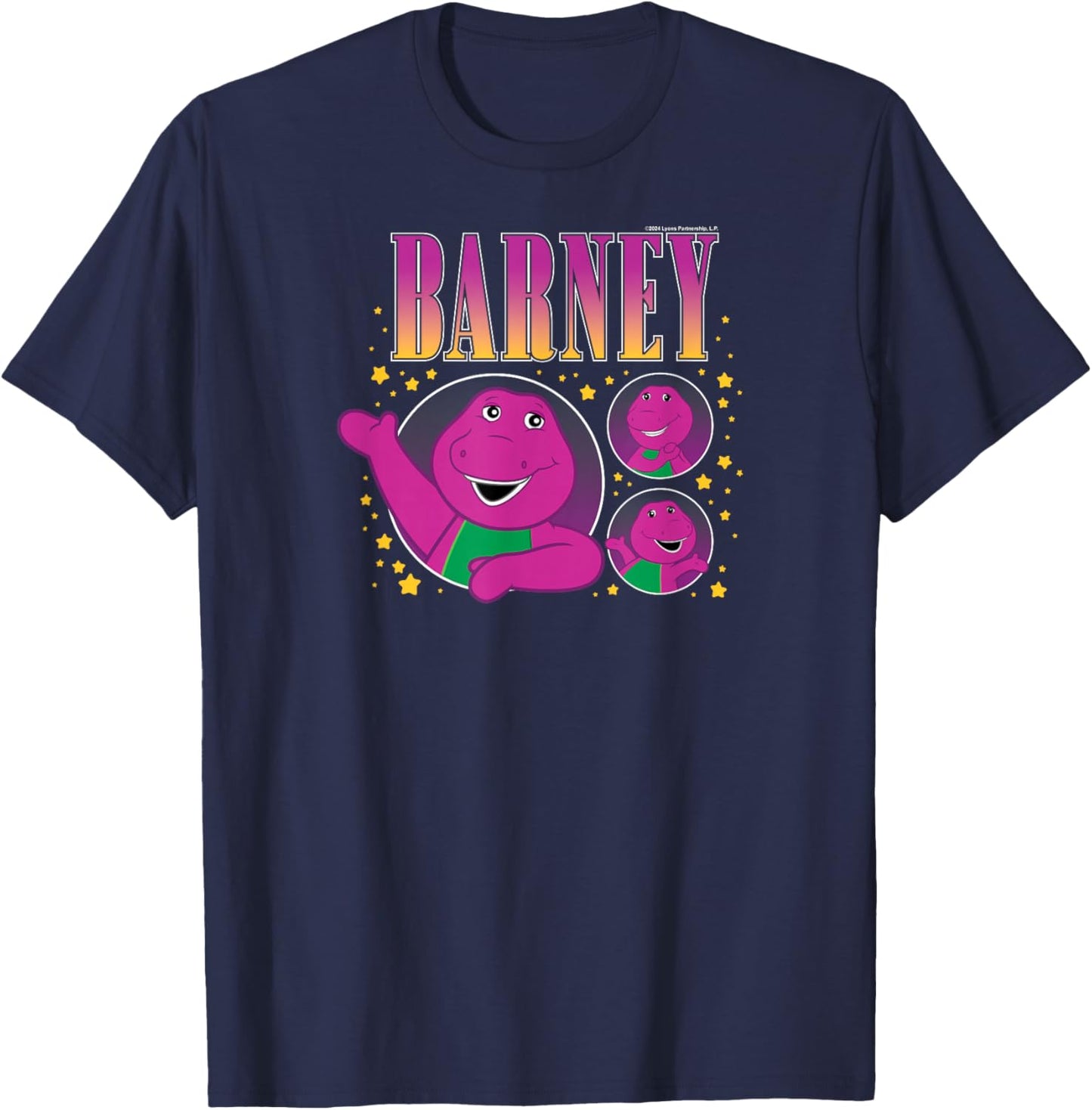 Barney - Purple Dinosaur Character Grid with Gold Stars T-Shirt - T-Shirt | Navy