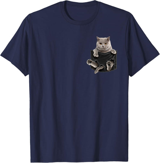 British Shorthair Cat in Pocket T-Shirt - T-Shirt | Navy