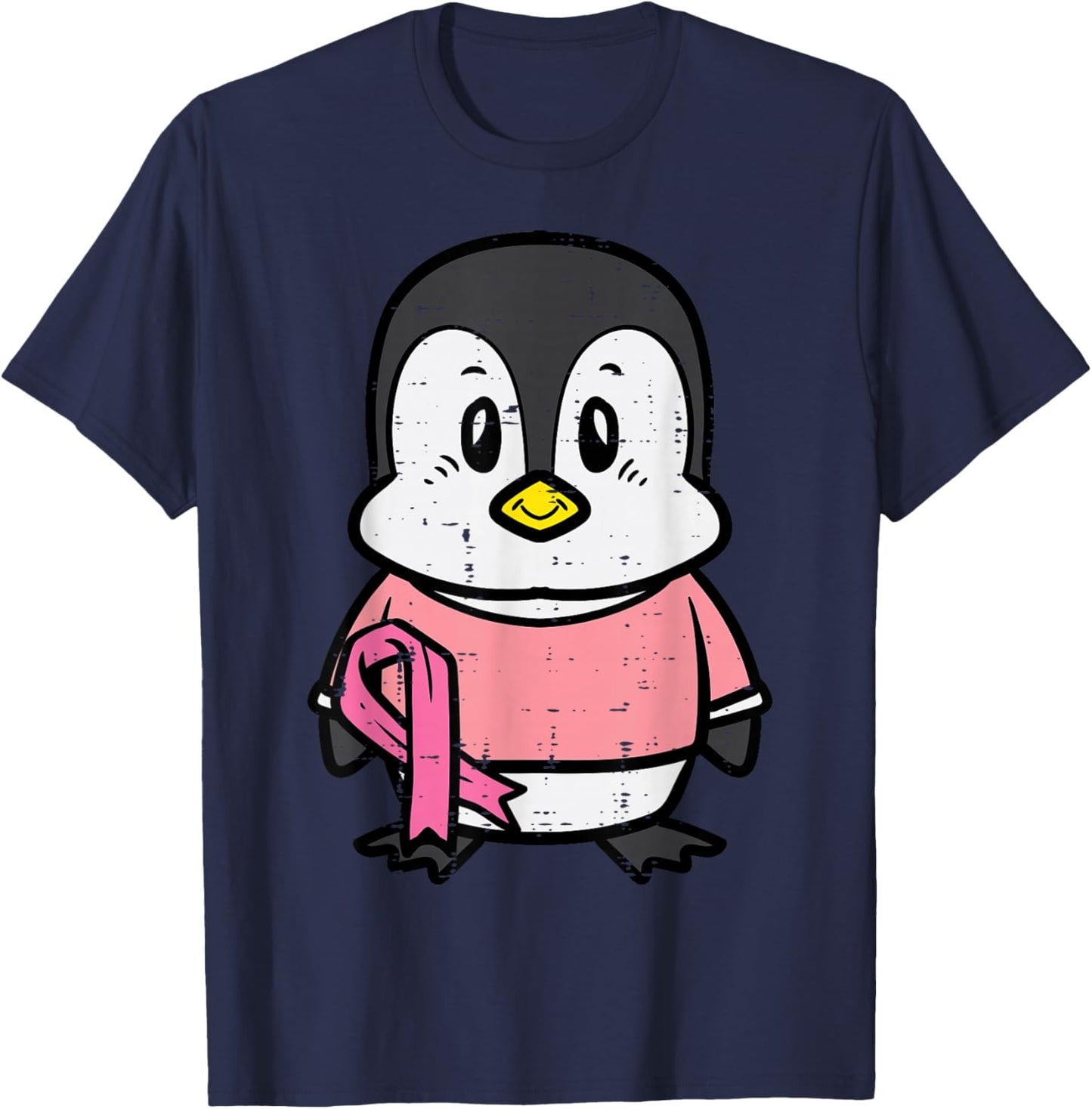 Pink Ribbon Penguin Cute Breast Cancer Awareness Women Kids T-Shirt - T-Shirt | Navy