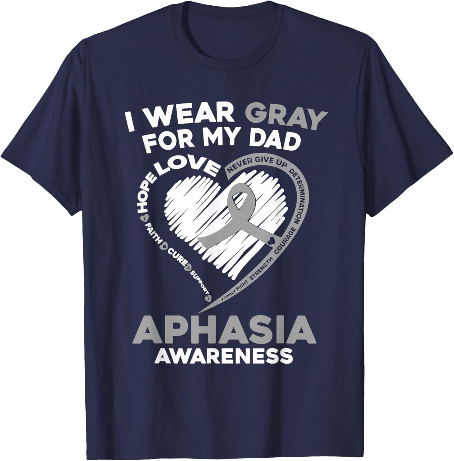 Dad Aphasia Awareness Gray Ribbon Support Family Matching T-Shirt - T-Shirt | Navy