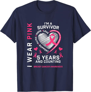 5 Years Cancer Free I Wear Pink I'm A Breast Cancer Survivor T-Shirt - T-Shirt | Navy