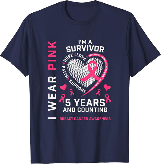 5 Years Cancer Free I Wear Pink I'm A Breast Cancer Survivor T-Shirt - T-Shirt | Navy