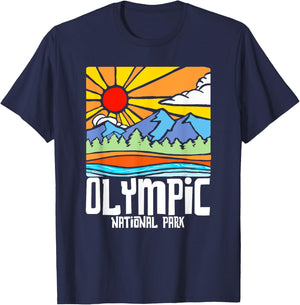 Olympic National Park Artistic Nature & Mountains Vintage T-Shirt - T-Shirt | Navy