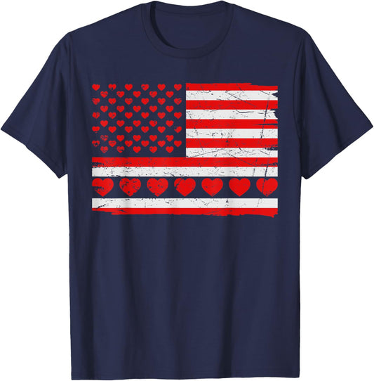 Patriotic US American Flag Hearts Valentines Day T-Shirt - T-Shirt | Navy