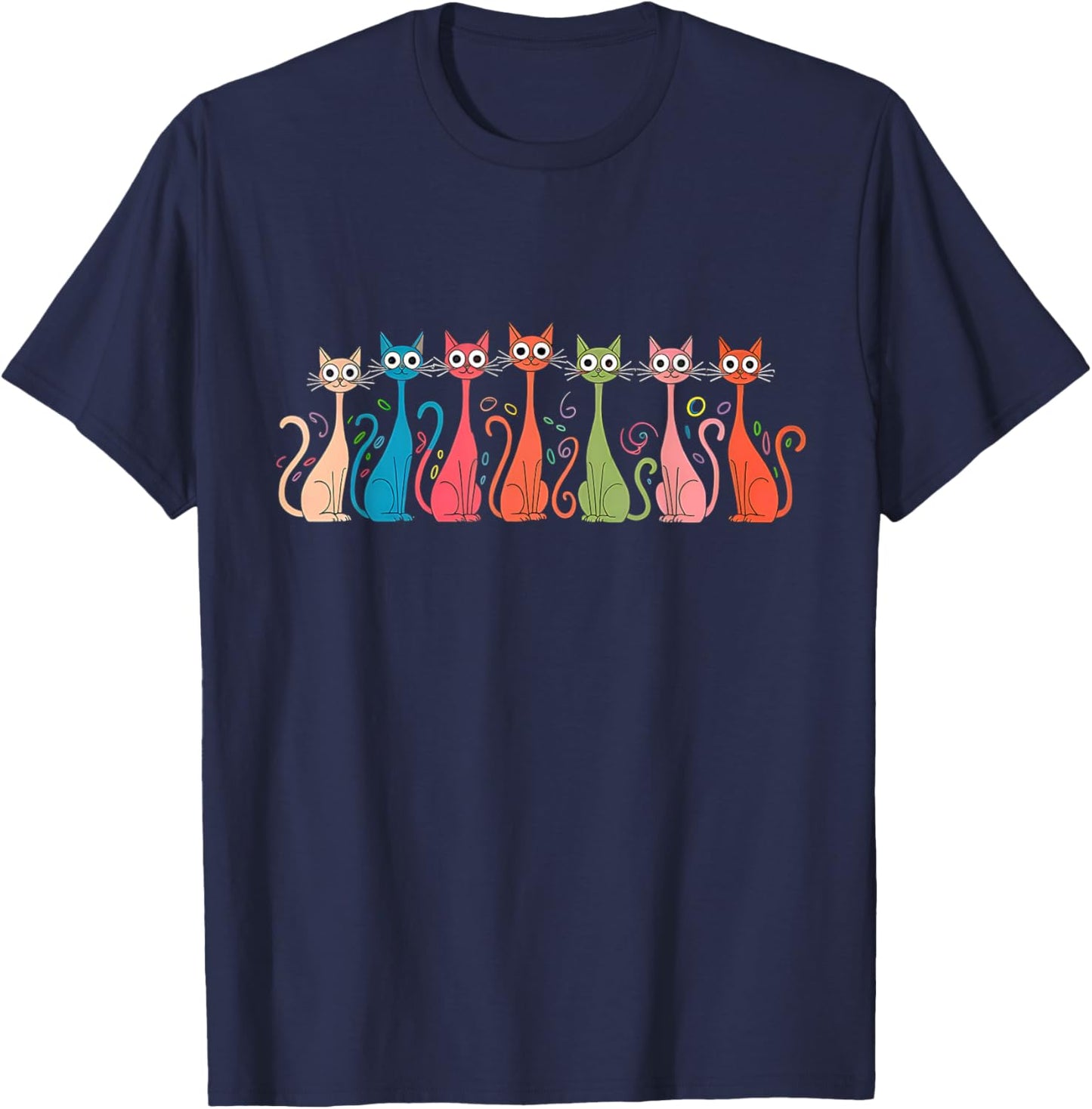 Women Kids Girls Black Small Modern Retro Cartoon Cats 50s 60s Style Mid-Century Modern Art Style T-Shirt - T-Shirt | Navy