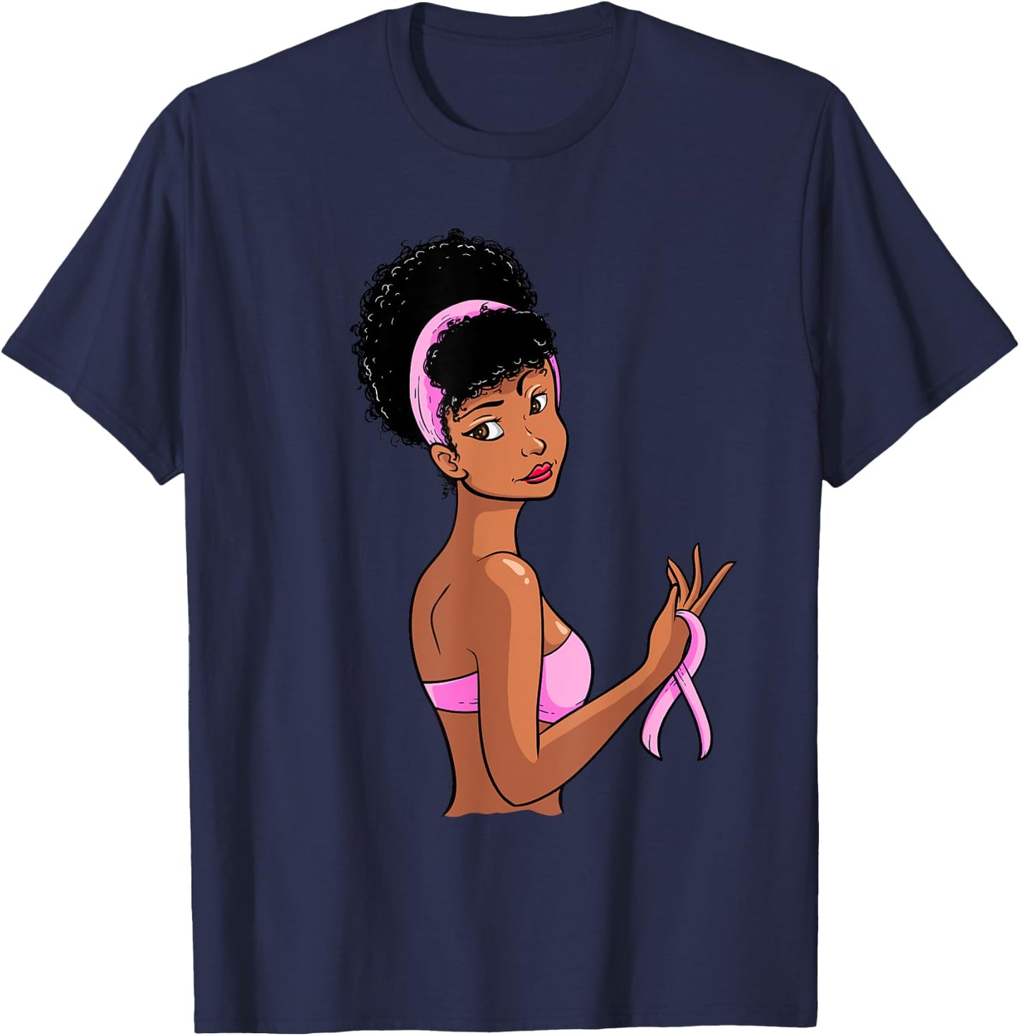 Breast Cancer Awareness Black Afro Women Pink Ribbon Gift T-Shirt - T-Shirt | Navy