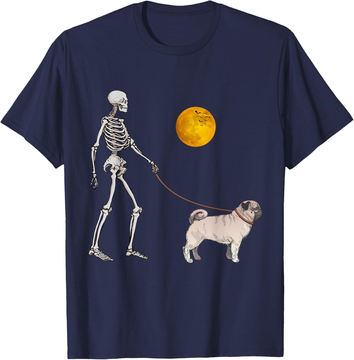 Pug Skeleton Dog Walking Halloween Costume Women Girls Kids T-Shirt - T-Shirt | Navy