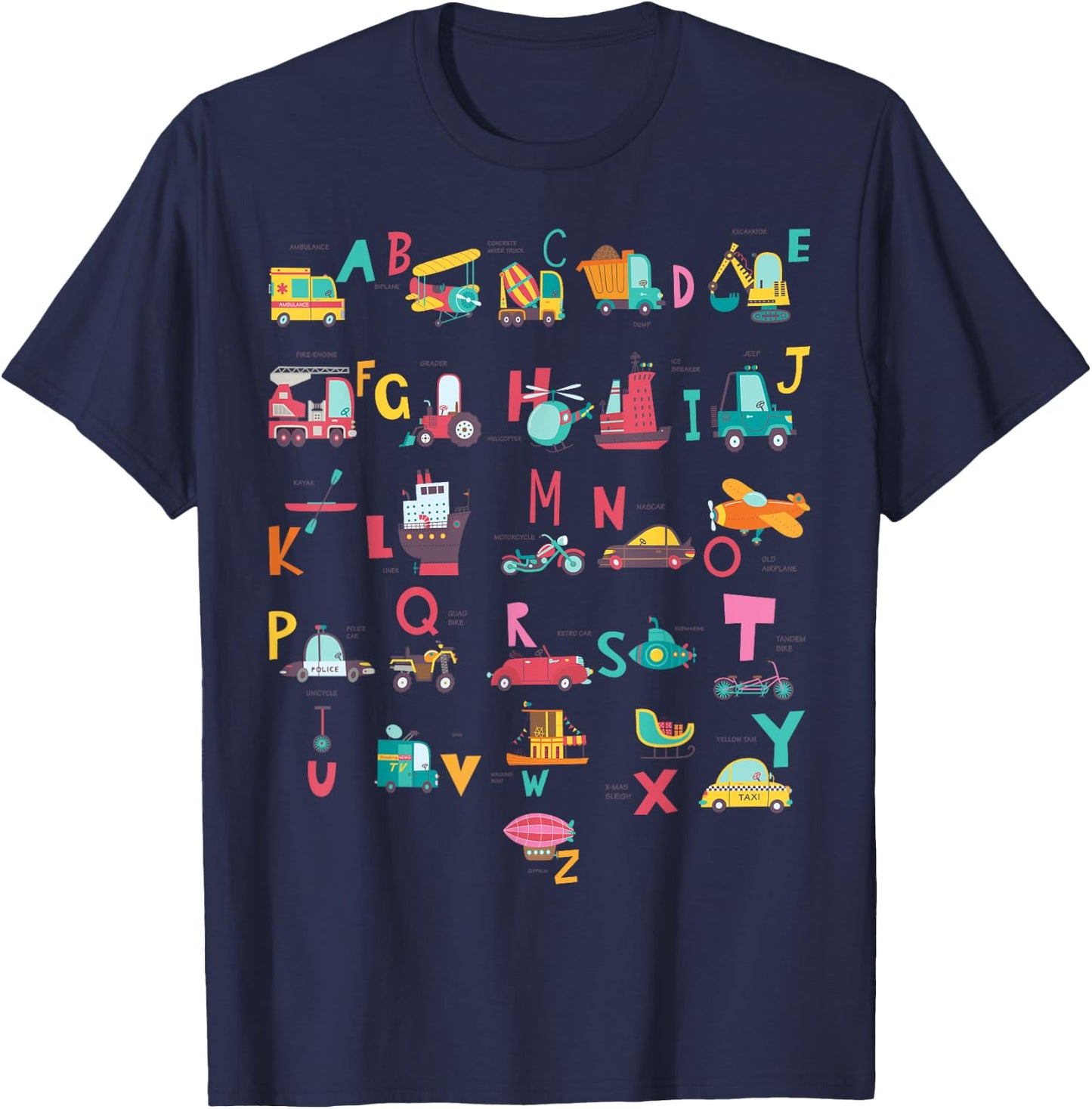 Ambulance Excavator Helicopter Truck Vehicles ABC Toddler T-Shirt - T-Shirt | Navy