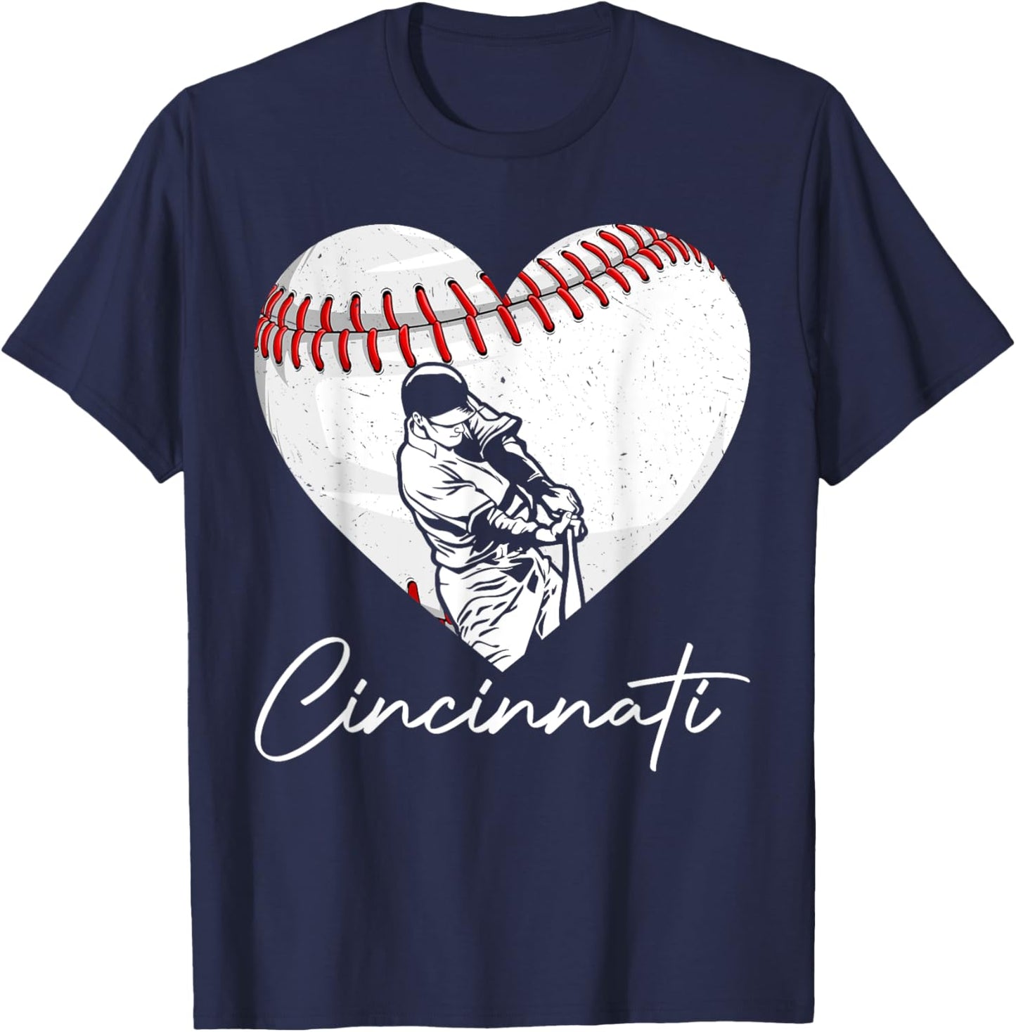 Cincinnati Retro Heart Baseball Lover Met At Game Day T-Shirt - T-Shirt | Navy