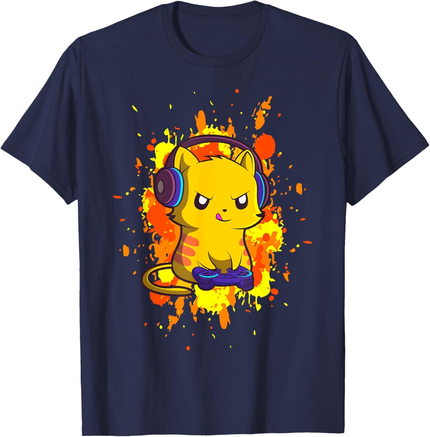 Gaming Cat - Cyber Gamer PC Nerdy Kitty Kitten Headphones T-Shirt - T-Shirt | Navy