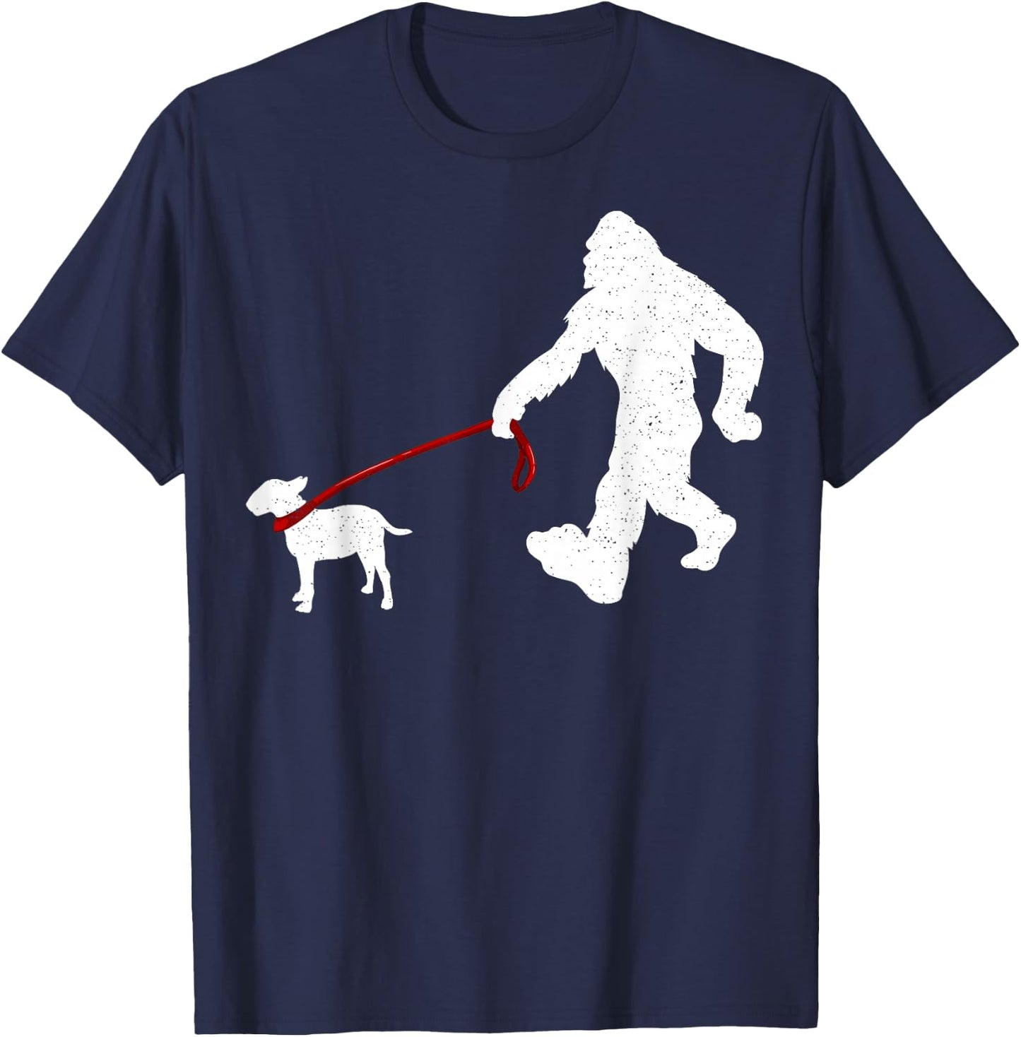 Funny Bigfoot Walking with Bull Terrier Dog T-Shirt - T-Shirt | Navy