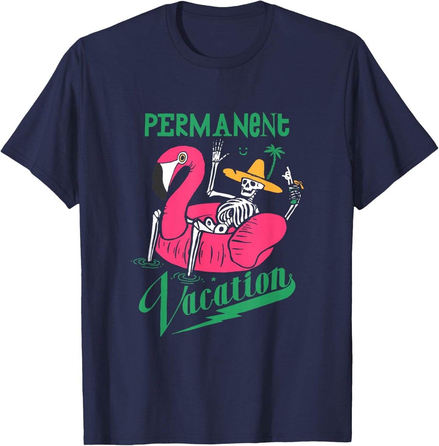 Skeleton on Pool Flamingo. Permanent Vacation T-Shirt - T-Shirt | Navy