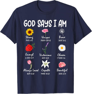 God Says I Am Cute Wild Flowers Women Girls Kids Christian T-Shirt - T-Shirt | Navy