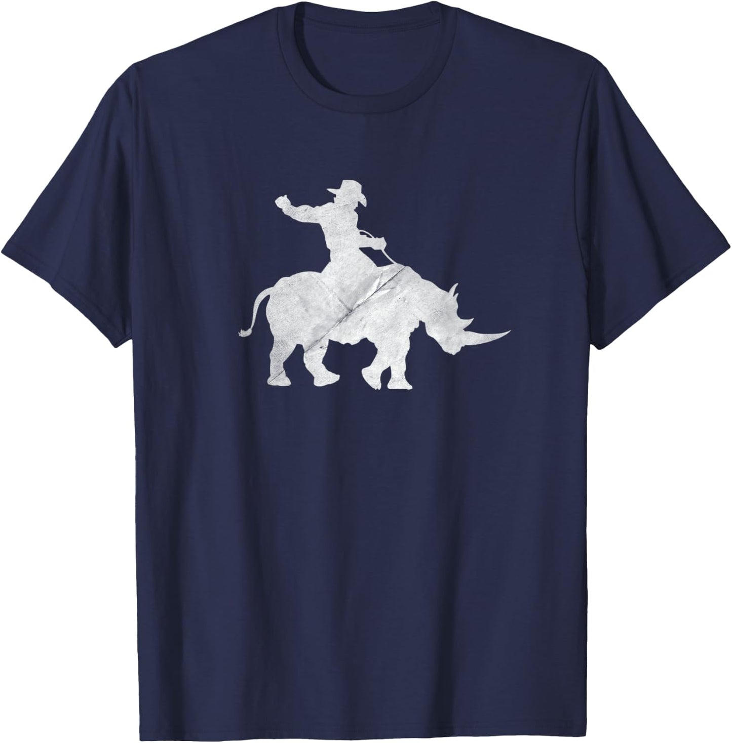 Cowboy Riding a Rhinoceros Rino Distressed T-Shirt - T-Shirt | Navy
