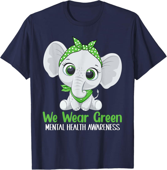 Elehant Mental Health Awareness Green Ribbon T-Shirt - T-Shirt | Navy