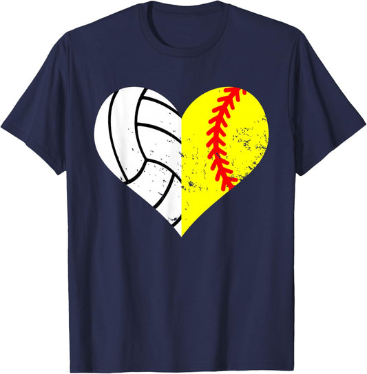 Softball Volleyball Heart Funny Softball Volleyball Mom T-Shirt - T-Shirt | Navy