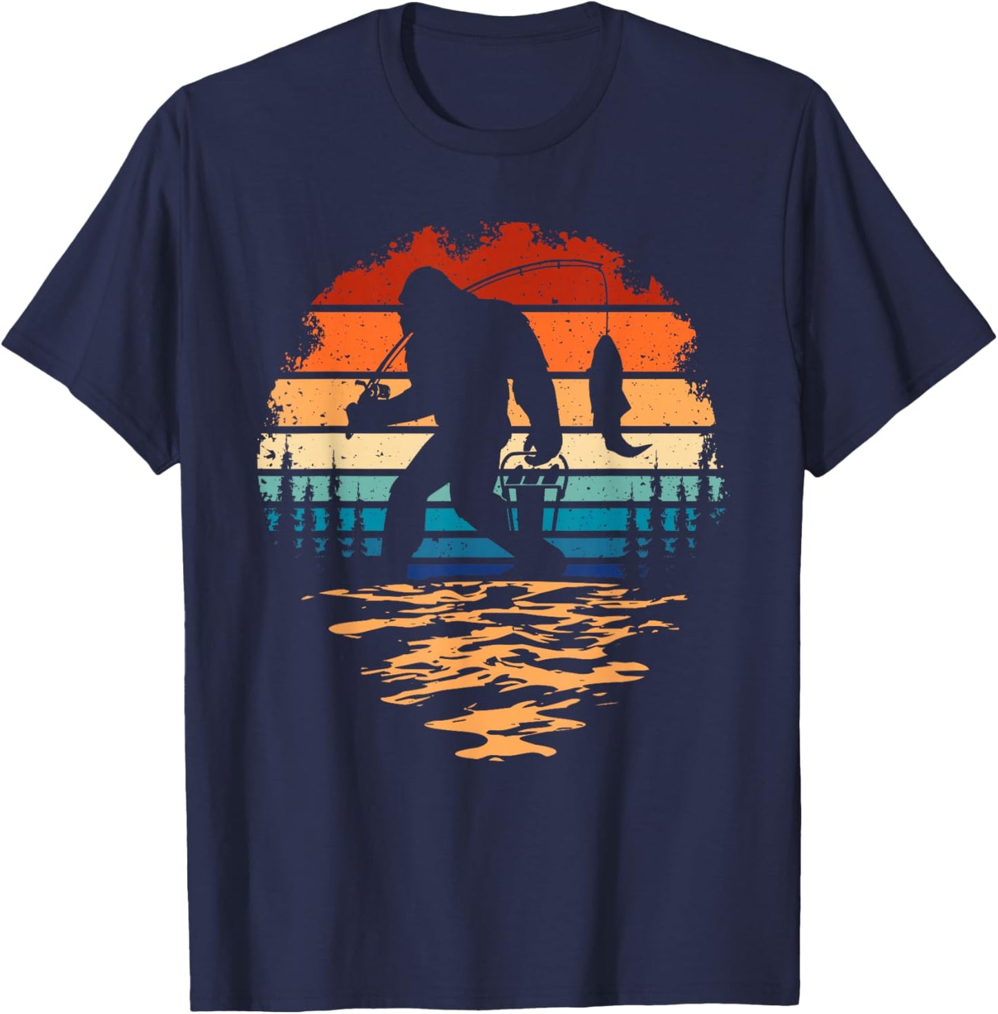 Bigfoot Fishing Funny Retro Sasquatch Dad Men Kids T-Shirt - T-Shirt | Navy