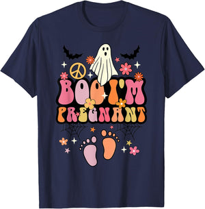 Boo I'm Pregnant Halloween Groovy Ghost Pregnancy Ghost Baby T-Shirt - T-Shirt | Navy