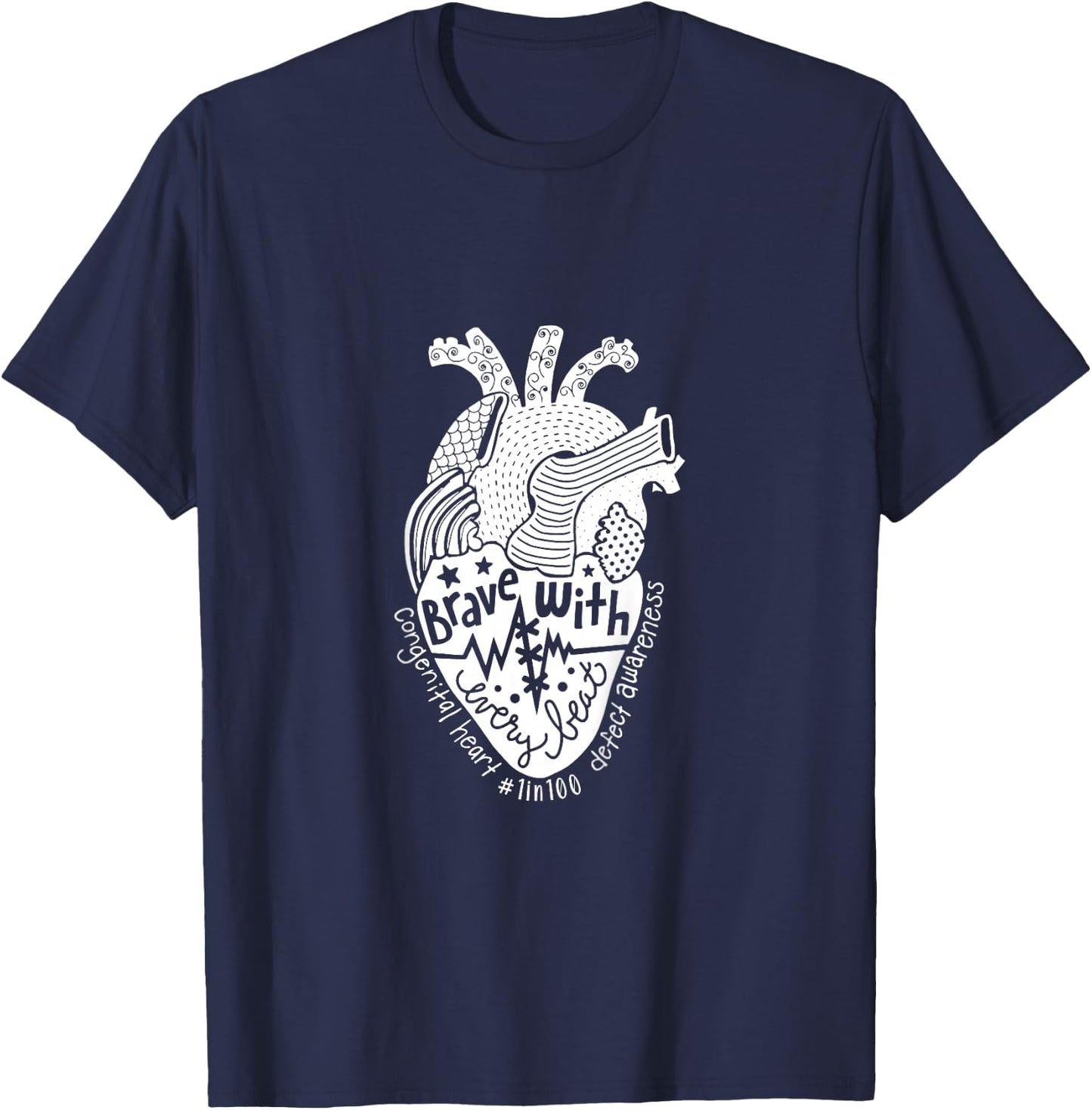 Kids Brave With Every Beat Congenital Heart Warrior 1 In 100 CHD T-Shirt - T-Shirt | Navy