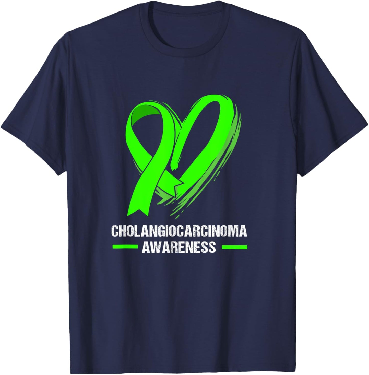 Heart Ribbon Green Cholangiocarcinoma Awareness T-Shirt - T-Shirt | Navy
