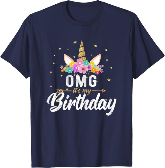 OMG its my Birthday Shirt Birthday Unicorn Girl Gift T-Shirt - T-Shirt | Navy