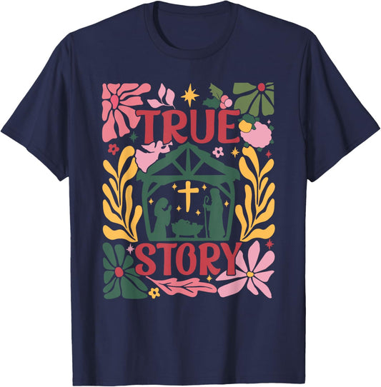 True Story Jesus Christmas Nativity Scene Boho Flower T-Shirt - T-Shirt | Navy