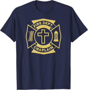 FIRE CHAPLAIN Firefighter Maltese Cross Patch Pastor Priest T-Shirt - T-Shirt | Navy