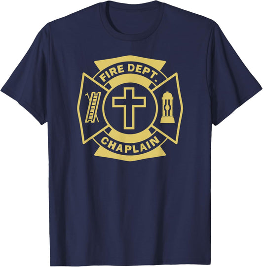 FIRE CHAPLAIN Firefighter Maltese Cross Patch Pastor Priest T-Shirt - T-Shirt | Navy
