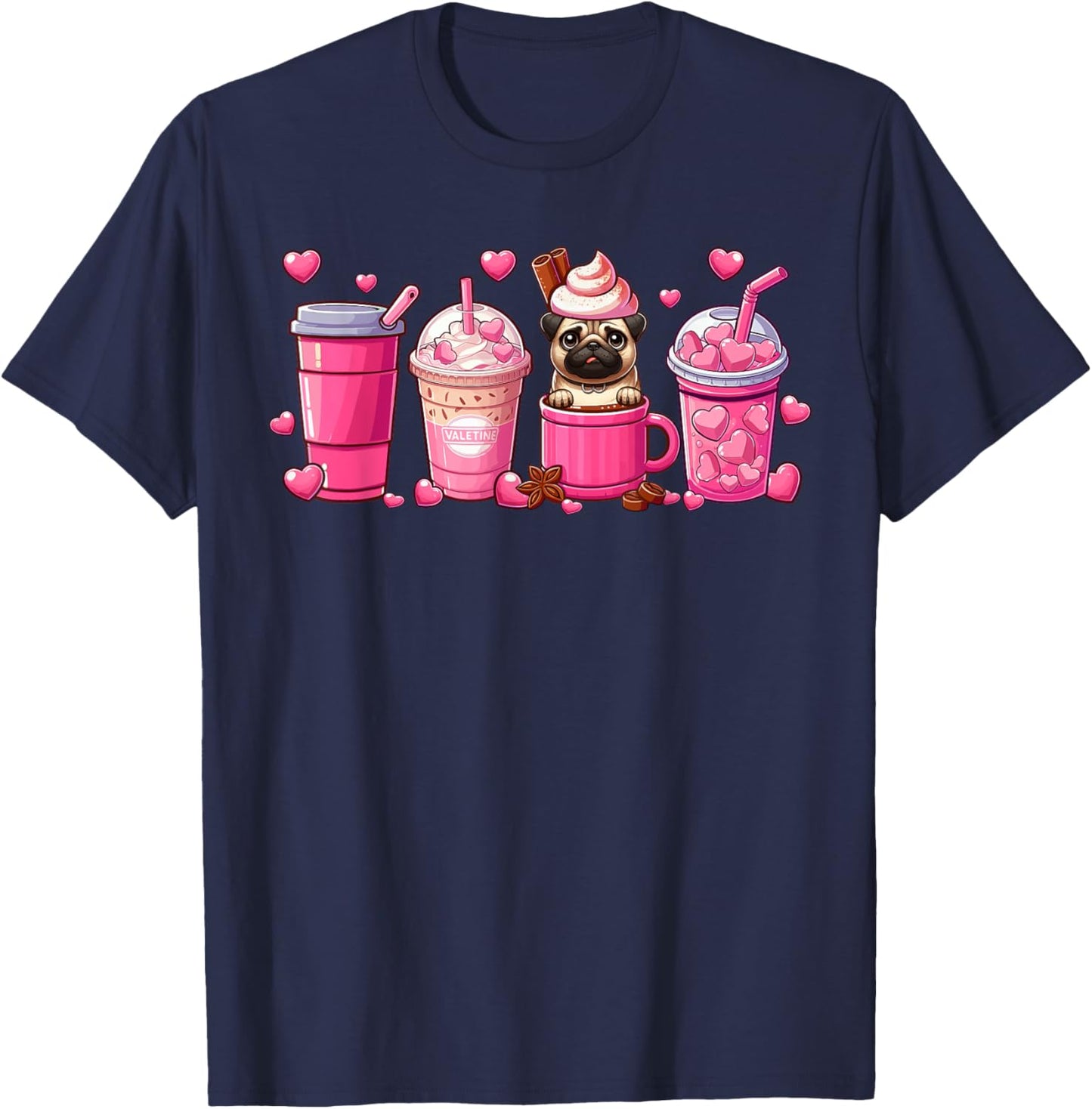 Pug Inside Cup Coffees Lover Valentine's Day Hearts T-Shirt - T-Shirt | Navy
