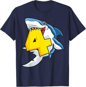 4 Shark Birthday Animal Themed Bday Party Celebration 4th T-Shirt - T-Shirt | Navy