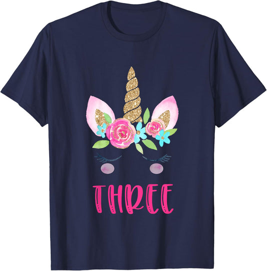 Three Unicorn Birthday Girl Shirt 3 Year Old Cute T-Shirt - T-Shirt | Navy