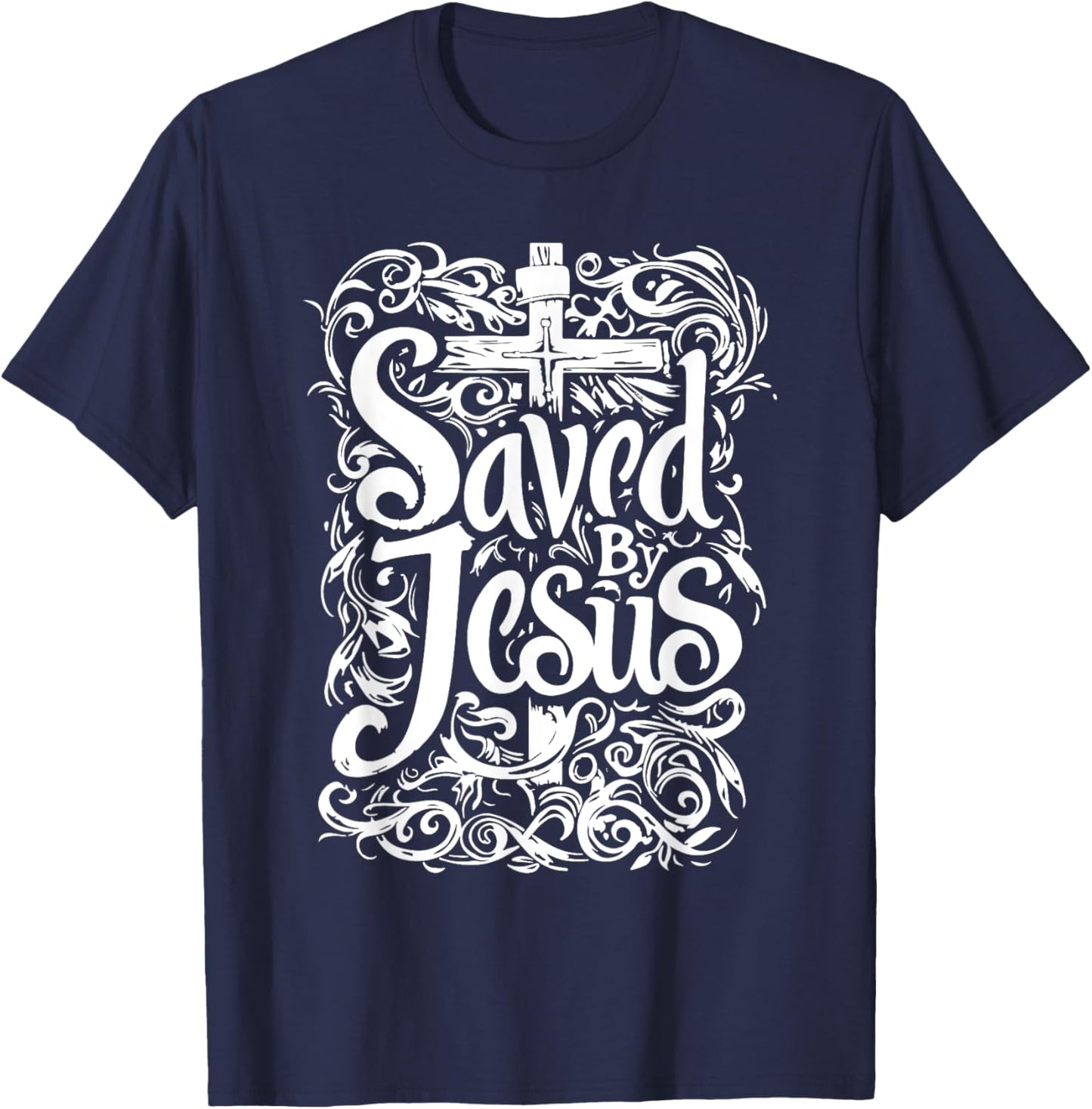Bible Verse | Saved By Jesus Christ | Tattoo Style T-Shirt - T-Shirt | Navy